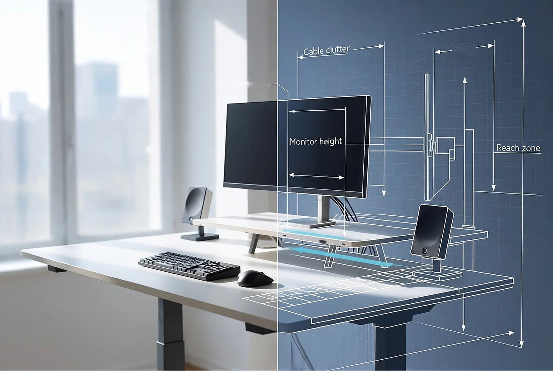 Desk photo transitioning into a technical blueprint with monitor height, cable clutter and reach zone annotations