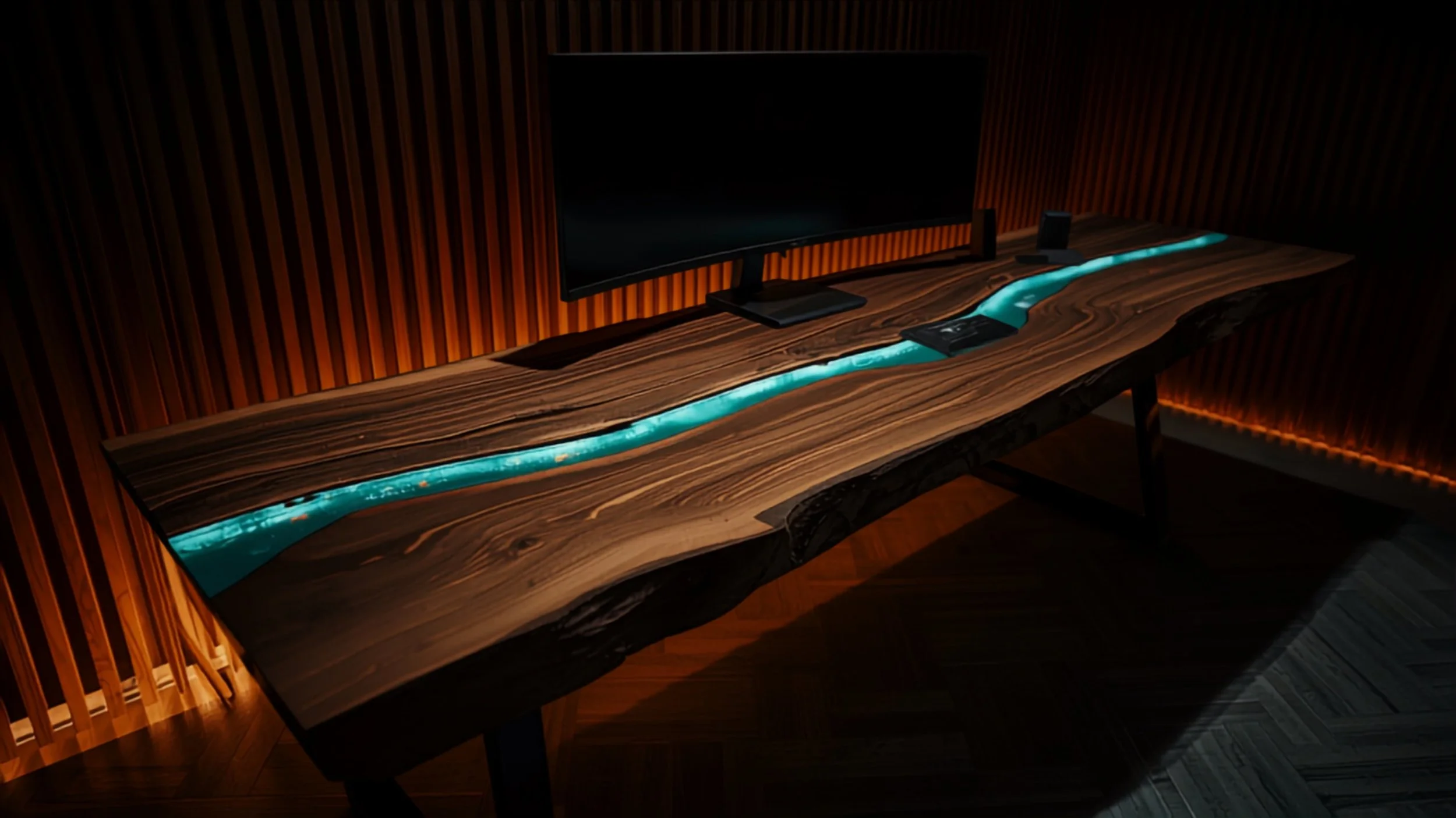 Custom-built live-edge walnut desk with a teal epoxy resin river, curved ultrawide monitor and backlit wood-slat wall