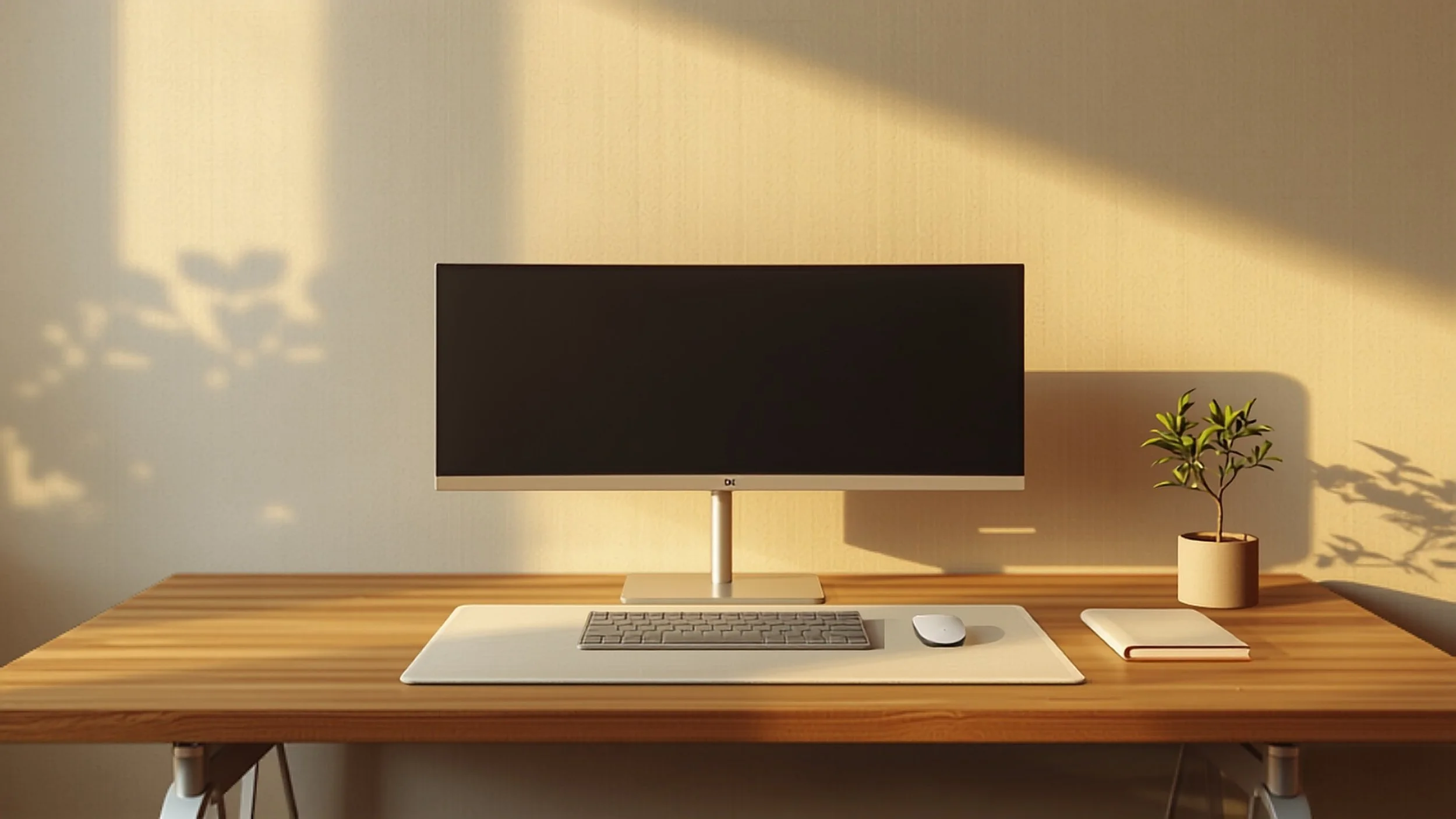 Home office desk setup with curved monitor on a wooden desk, warm lighting and no visible cables