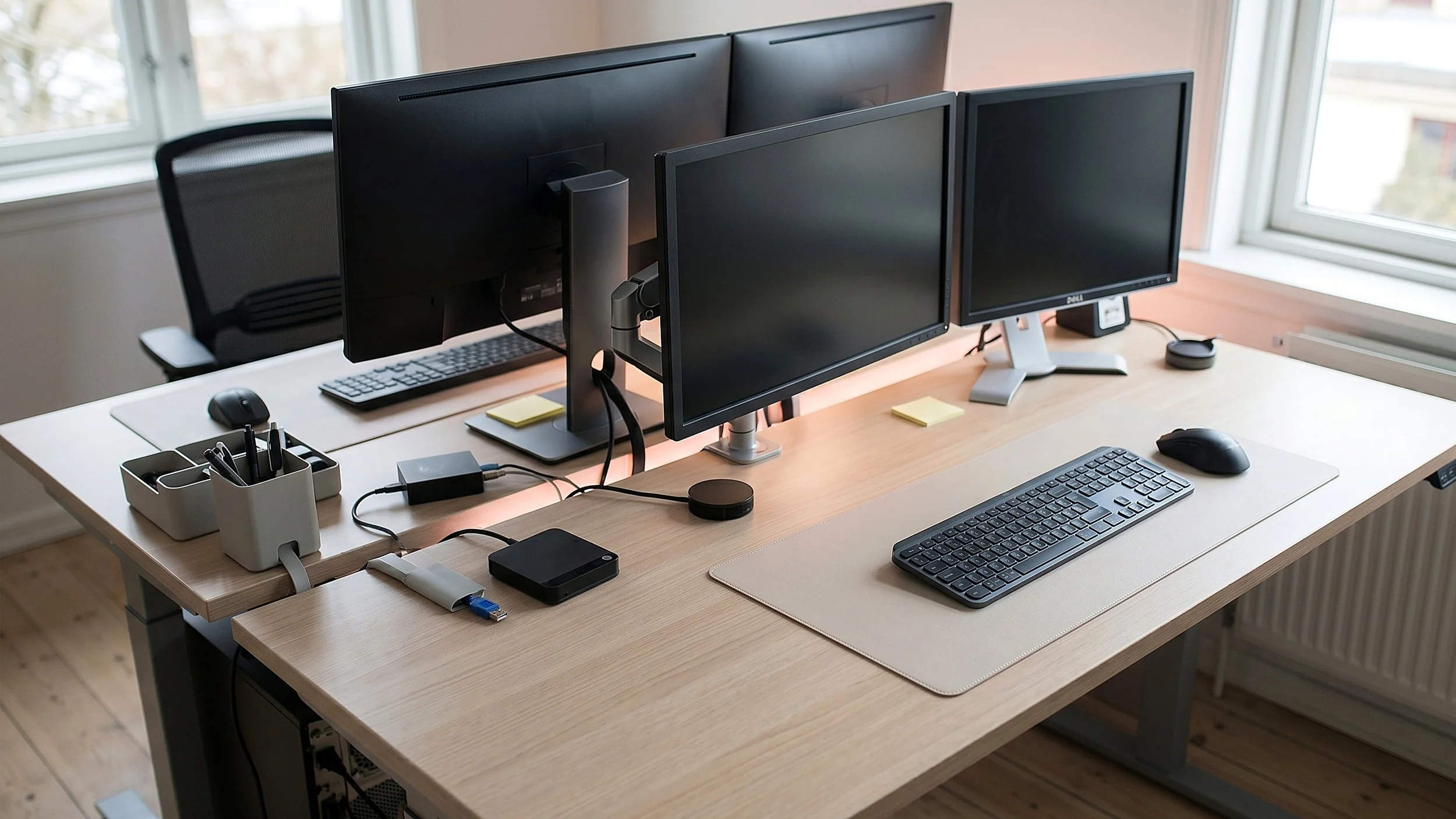 Clean dual-monitor desk setup after a Deskery rework, with hidden cables and tidy desk surface