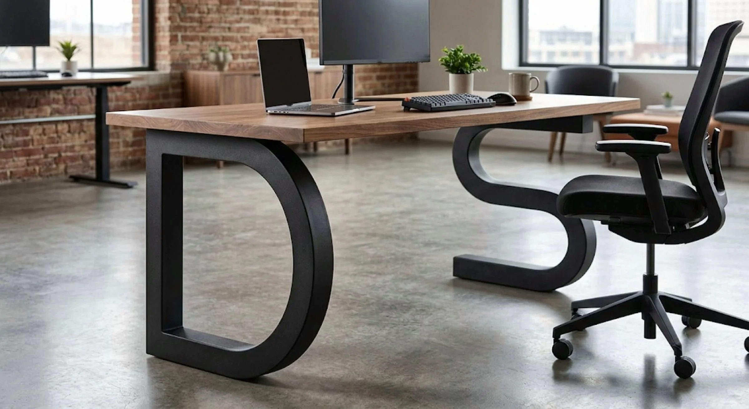 Concept render of the first Deskery Studios desk: a walnut top on black steel legs shaped like the letters D and S.