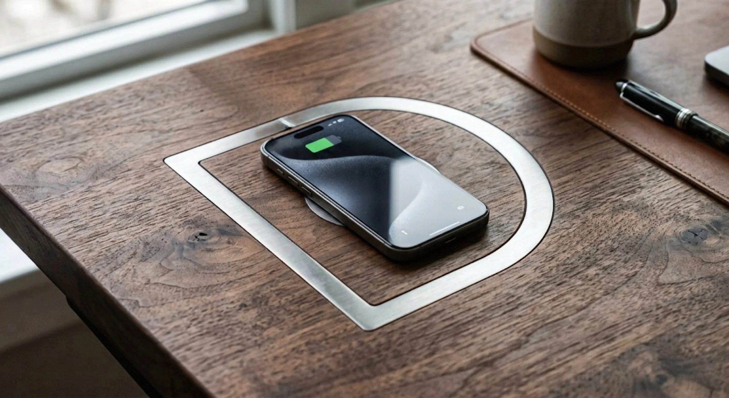 Concept render of the desk's built-in wireless charger: a phone charging on a brushed-steel D inlay set into the walnut desktop.